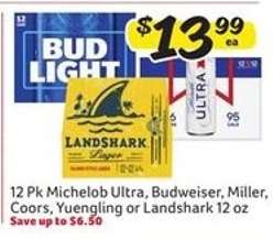 12 Pk Michelob Ultra, Budweiser, Miller, Coors, Yuengling or Landshark