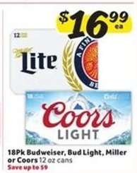 18Pk Budweiser, Bud Light, Miller or Coors