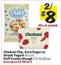 Chobani Flip, Zero Sugar or Greek Yogurt or Puff Cookie Dough