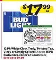 Bud Light, White Claw, Truly, Twisted Tea, Vizzy, Simply Spiked, Budweiser, Miller, Coors
