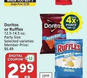 Doritos or Ruffles - 12.5-14.5 oz. Party
Size Selected varieties Member Price: $6.49