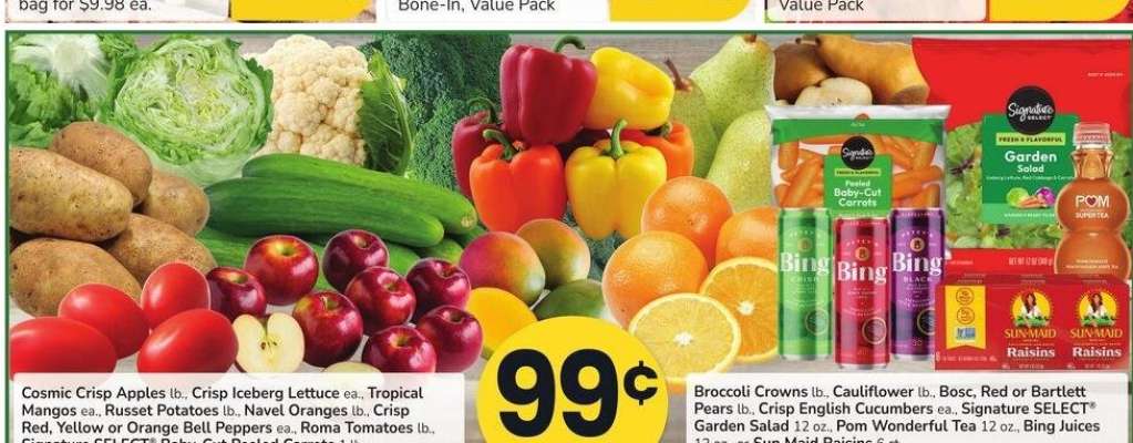 Cosmic Crisp Apples lb., Crisp Iceberg Lettuce ea., Tropical Mangos ea., Russet Potatoes lb., Navel Oranges lb., Crisp Red, Yellow or Orange Bell Peppers ea., Roma Tomatoes lb., Signature SELECT® Baby-Cut Peeled Carrots 1 lb., Broccoli Crowns lb., - Caulifower lb., Bosc, Red or Bartlett Pears lb., Crisp English Cucumbers ea., Signature SELECT® Garden Salad 12 oz., Pom Wonderful Tea 12 oz., Bing Juices 12 oz., or Sun Maid Raisins 6 ct.