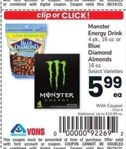 Monster Energy Drink 4 pk., 16 oz. or Blue Diamond Almonds 16 oz. - Select Varieties