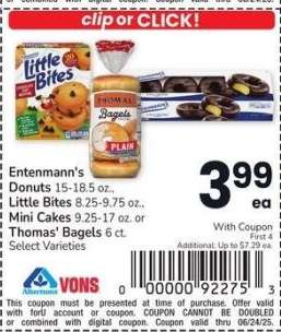 Entenmann's Donuts 15-18.5 oz., Little Bites 8.25-9.75 oz., Mini Cakes 9.25-17 oz. or Thomas' Bagels 6 ct. - Select Varieties