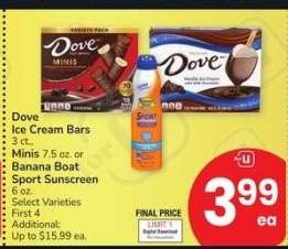 Dove Ice Cream Bars 3 ct., Minis 7.5 oz. or Banana Boat Sport Sunscreen 6 oz. - Select Varieties