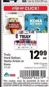 Truly Hard Seltzer, Stella Artois or Kona - 12 pk.