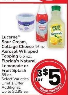 Lucerne® Sour Cream, Cottage Cheese 16 oz., Aerosol Whipped Topping 6.5 oz., Florida's Natural Lemonade or Fruit Splash 59 oz. - Select Varieties