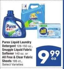 Purex Liquid Laundry Detergent 128-150 oz., Snuggle Liquid Fabric Softener 140 oz. or All Free & Clear Fabric Sheets 195 ct. - Select Varieties