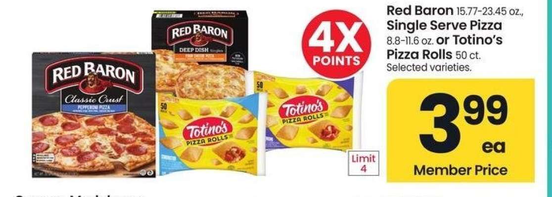 Red Baron 15.77-23.45 oz., Single Serve Pizza 8.8-11.6 oz. or Totino's Pizza Rolls 50 ct. - Selected varieties.