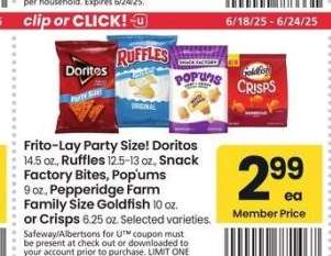 Frito-Lay Party Size! Doritos 14.5 oz., Ruffles 12.5-13 oz., Snack Factory Bites, Pop'ums 9 oz., Pepperidge Farm Family Size Goldfish 10 oz. or Crisps 6.25 oz. - Selected varieties.