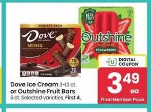 Dove Ice Cream 3-10 ct. or Outshine Fruit Bars 6 ct. - Selected varieties.