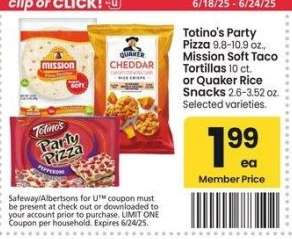 Totino's Party Pizza 9.8-10.9 oz., Mission Soft Taco Tortillas 10 ct. or Quaker Rice Snacks 2.6-3.52 oz. - Selected varieties.