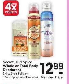 Secret, Old Spice Whole or Total Body Deodorant - 2.4 to 3 - oz Solid or 3.5 - oz Spray, select varieties