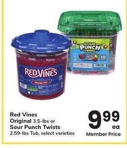 Red Vines Original 3.5-lbs or Sour Punch Twists 2.59-lbs Tub - select varieties
