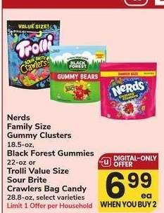 Nerds Family Size Gummy Clusters 18.5-oz, Black Forest Gummies 22-oz or Trolli Value Size Sour Brite Crawlers Bag Candy 28.8-oz - select varieties