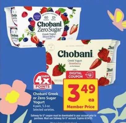 Chobani Greek or Zero Sugar Yogurt