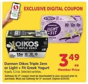 Dannon Oikos Triple Zero or Light + Fit Greek Yogurt