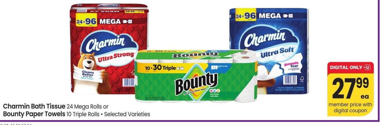 Charmin Bath Tissue 24 Mega Rolls or Bounty Paper Towels 10 Triple Rolls - • Selected Varieties