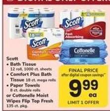 Scott Bath Tissue, Comfort Plus Bath Tissue, Paper Towels or Cottonelle Moist Wipes