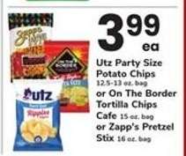 Utz Party Size Potato Chips or On The Border Tortilla Chips or Zapp's Pretzel Stix