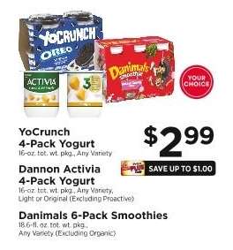 YoCrunch 4-Pack Yogurt, Dannon Activia 4-Pack Yogurt, Danimals 6-Pack Smoothies