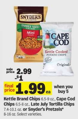 Kettle Brand Chips, Cape Cod Chips, Late July Tortilla Chips, Snyder’s Pretzels