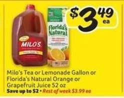 Milo's Tea or Lemonade Gallon or Florida's Natural Orange or Grapefruit Juice 52 oz