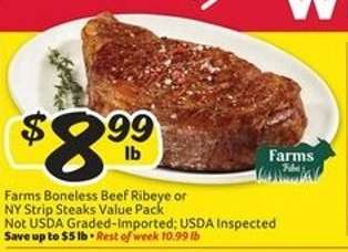 Farms Boneless Beef Ribeye or NY Strip Steaks Value Pack