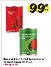 Know & Love Diced Tomatoes or Tomato Sauce