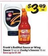 Frank's RedHot Sauce or Wing Sauce / Zaxby's Sauces