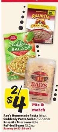 Rao's Homemade Pasta, Suddenly Pasta Salad, Rosarita Microwavable Refried Beans