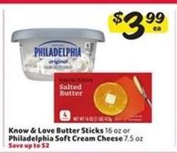 Know & Love Butter Sticks or Philadelphia Soft Cream Cheese