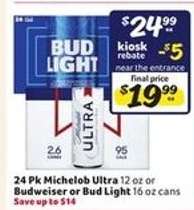 24 Pk Michelob Ultra or Budweiser or Bud Light