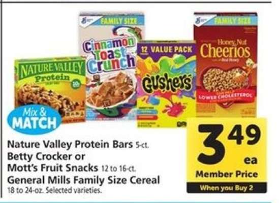 Nature Valley Protein Bars, Betty Crocker or Mott’s Fruit Snacks, General Mills Family Size Cereal
