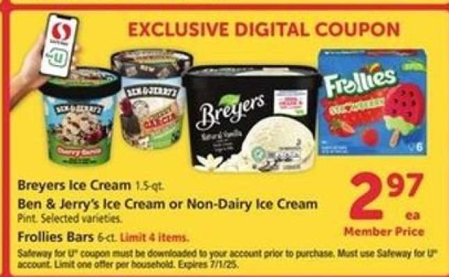 Breyers Ice Cream, Ben & Jerry's Ice Cream or Non-Dairy Ice Cream, Frollies Bars