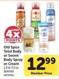 Old Spice Total Body or Secret Body Spray or Cream