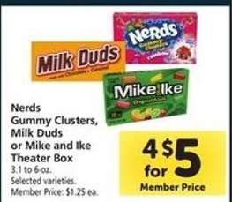 Nerds Gummy Clusters, Milk Duds or Mike and Ike Theater Box