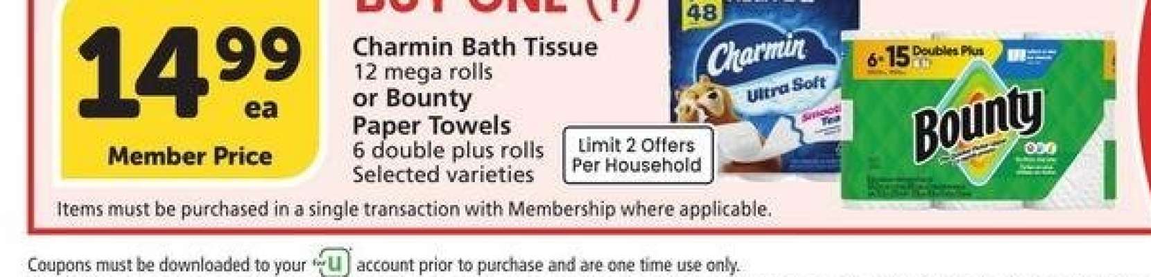 Charmin Bath Tissue 12 mega rolls or Bounty Paper Towels 6 double plus rolls. - Selected varieties