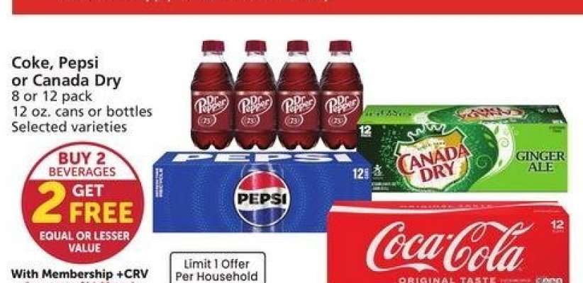 Coke, Pepsi or Canada Dry - 8 or 12 pack 12 oz. cans or bottles Selected varieties
