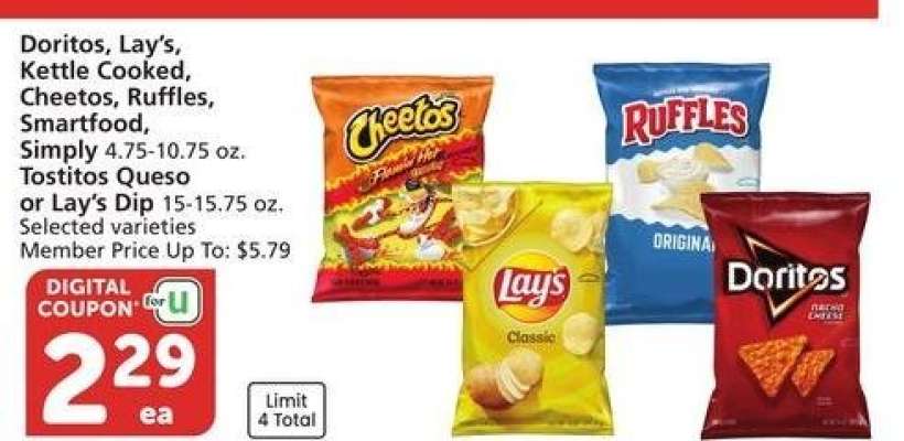 Doritos, Lay's, Kettle Cooked, Cheetos, Ruffles, Smartfood, Simply 4.75-10.75 oz., Tostitos Queso or Lay's Dip 15-15.75 oz. - Selected varieties
Member Price Up To: $5.79