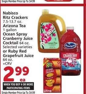 Nabisco Ritz Crackers 7.5-13.7 oz., Arizona Tea 1 gallon, Ocean Spray Cranberry Juice Cocktail 64 oz., Selected varieties or Ruby Red Grapefruit Juice 64 oz. - Single Member Price Up To: $4.99

Mix or match on four or more participating items in a single transaction. With Membership where applicable.