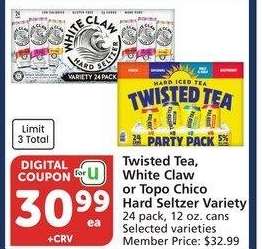 Twisted Tea, White Claw or Topo Chico Hard Seltzer Variety - 24 pack, 12 oz. cans Selected varieties Member Price: $32.99