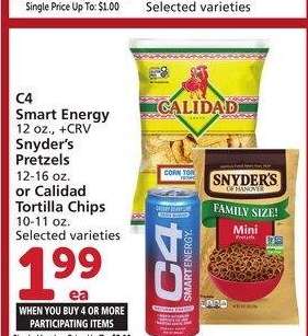 C4 Smart Energy 12 oz., Snyder's Pretzels 12-16 oz. or Calidad Tortilla Chips 10-11 oz. - Single Member Price Up To: $3.99
Selected varieties
Mix or match on four or more participating items in a single transaction. With Membership where applicable