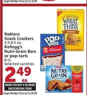 Nabisco Snack Crackers 3.5-8.5 oz. Kellogg's Nutri-Grain Bars or pop-tarts 8 ct. - Mix or match on four or more participating items in a single transaction with Membership where applicable