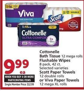 Cottonelle Bath Tissue 12 mega rolls Flushable Wipes 8 pack, 42 ct. Selected varieties, Scott Paper Towels 12 double rolls or Viva Paper Towels 12 mega XL rolls - Single Member Price: $12.99

Mix or match on four or more participating items in a single transaction. With Membership where applicable