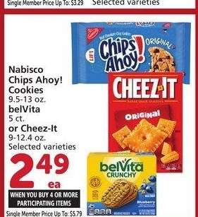 Nabisco Chips Ahoy! Cookies 9.5-13 oz. belVita 5 ct. or Cheez-It 9-12.4 oz. - Selected varieties

Single Member Price Up To: $5.79

Mix or match on four or more participating items in a single transaction. With Membership where applicable