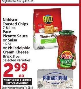 Nabisco Toasted Chips 7-8.1 oz. Pace Picante Sauce or Salsa 16 oz. or Philadelphia Cream Cheese Brick 8 oz. - Selected varieties
Single Member Price Up To: $5.49
Mix or match on four or more participating items in a single transaction with Membership where applicable