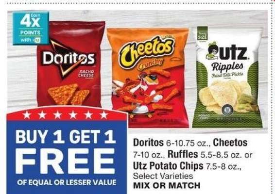 Doritos 6-10.75 oz., Cheetos 7-10 oz., Ruffles 5.5-8.5 oz. or Utz Potato Chips 7.5-8 oz. - Select Varieties

MIX OR MATCH