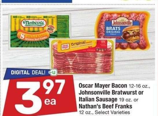 Oscar Mayer Bacon 12-16 oz., Johnsonville Bratwurst or Italian Sausage 19 oz. or Nathan's Beef Franks 12 oz. - Select Varieties