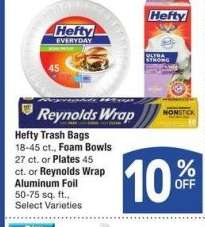 Hefty Trash Bags 18-45 ct., Foam Bowls 27 ct. or Plates 45 ct. or Reynolds Wrap Aluminum Foil 50-75 sq. ft. - Select Varieties